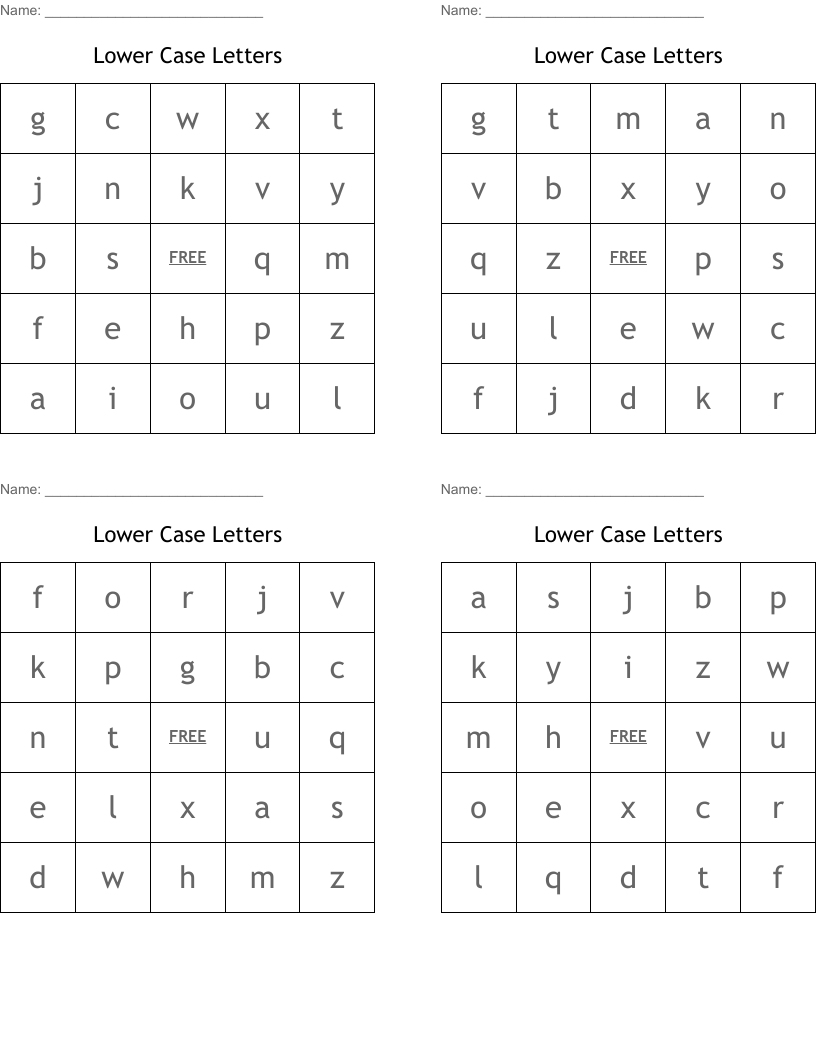 Lower Case Letters Bingo Cards
