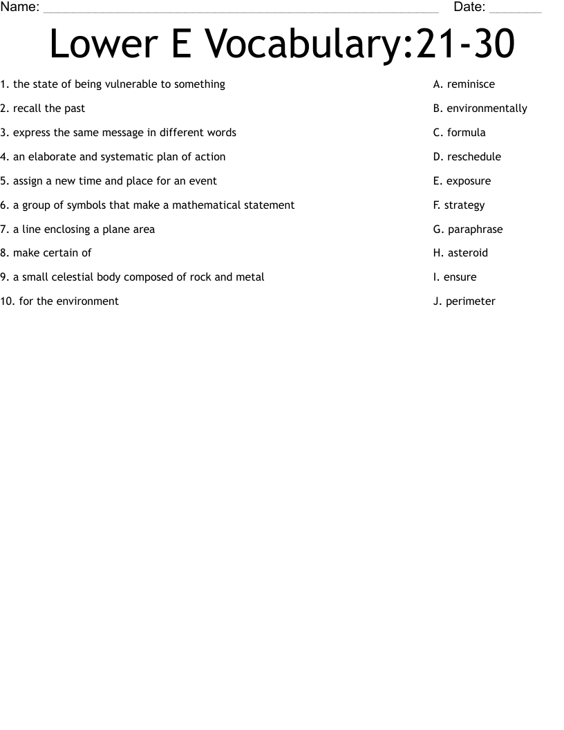 Lower E Vocabulary:21-30 Worksheet