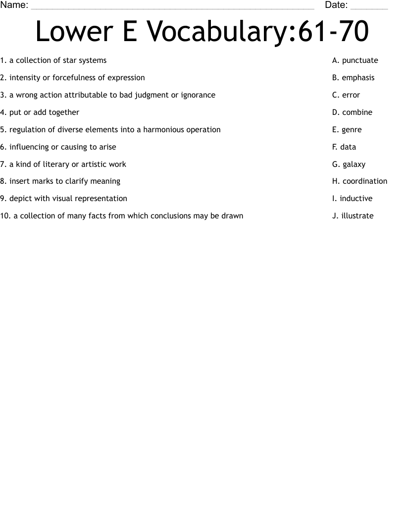 Lower E Vocabulary:61-70 Worksheet