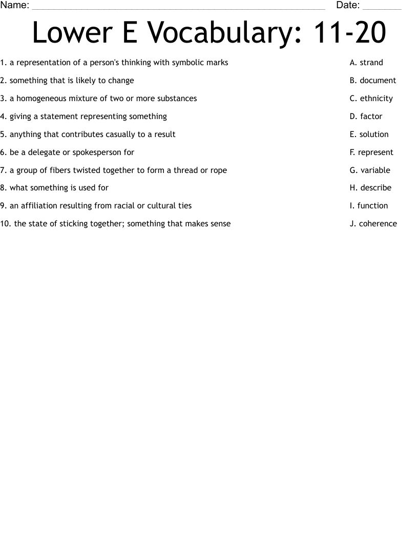 Lower E Vocabulary: 11-20 Worksheet