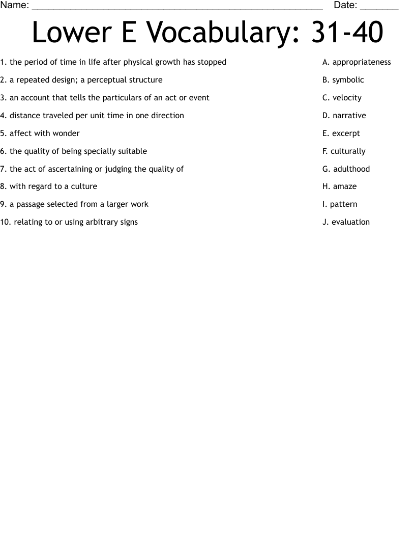 Lower E Vocabulary: 31-40 Worksheet