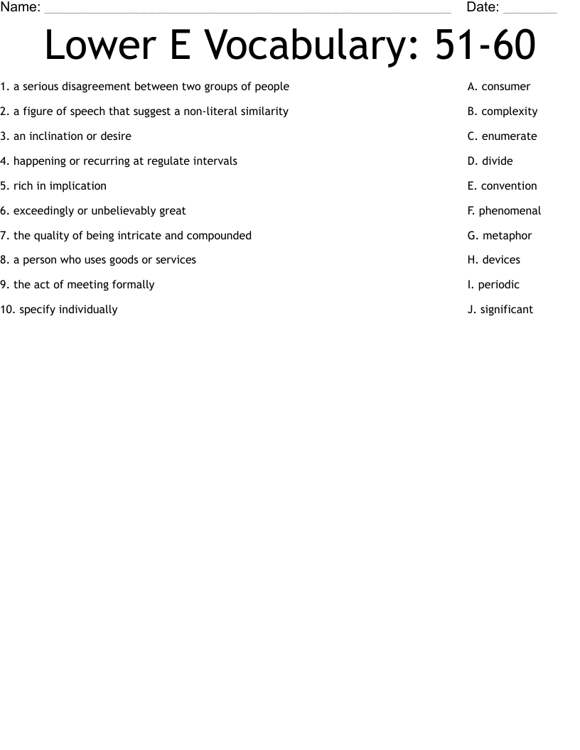 Lower E Vocabulary: 51-60 Worksheet