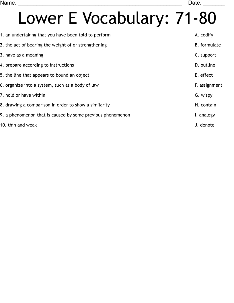 Lower E Vocabulary: 71-80 Worksheet
