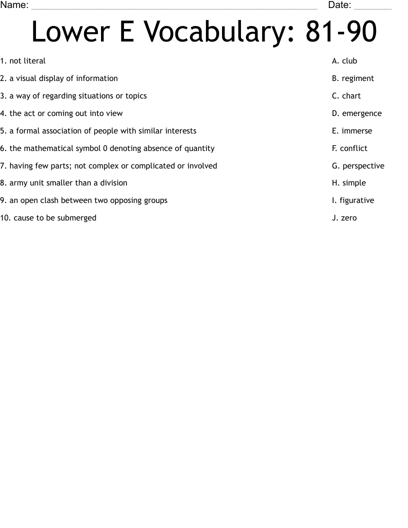Lower E Vocabulary: 81-90 Worksheet