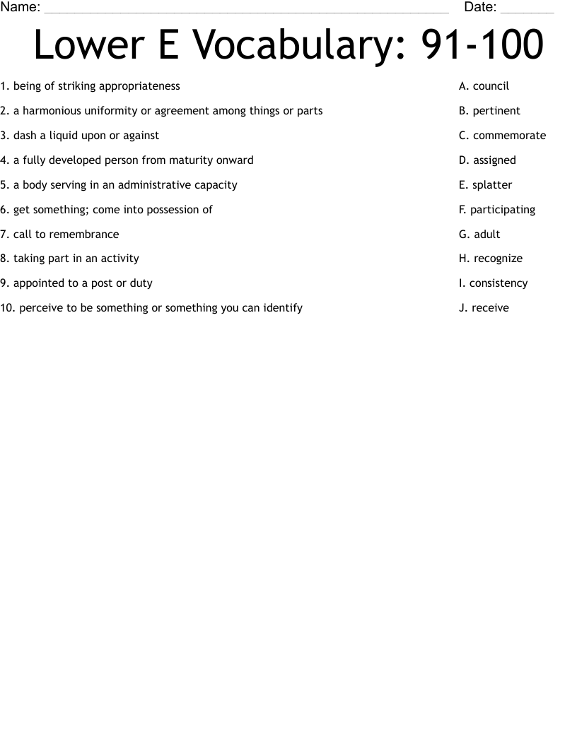 Lower E Vocabulary: 91-100 Worksheet