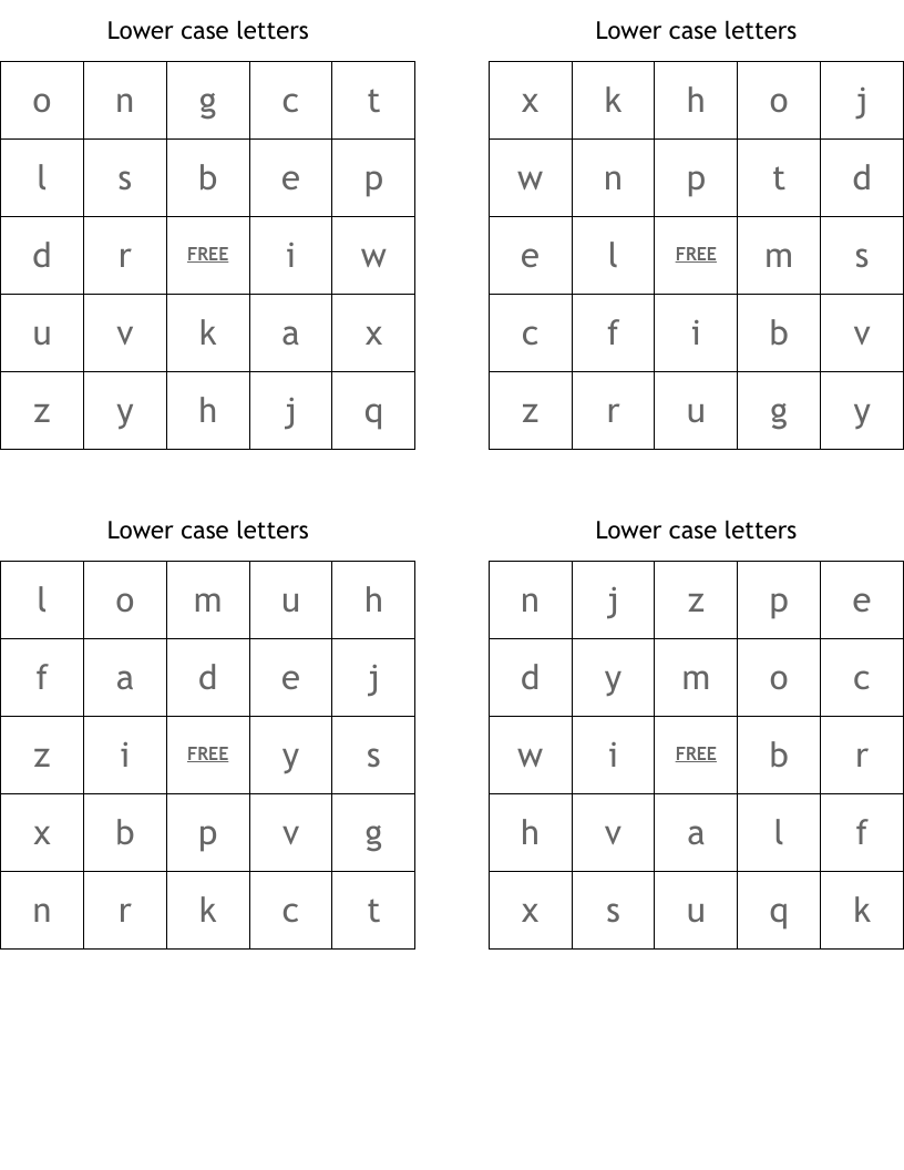 Lower case letters Bingo Cards