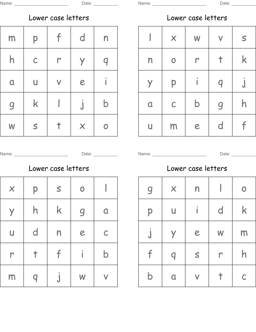 Lower case letters Bingo Cards