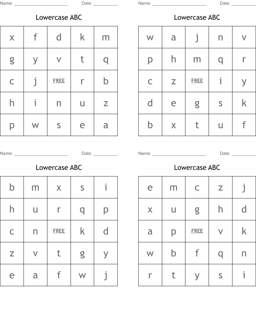 Lowercase ABC Bingo Cards