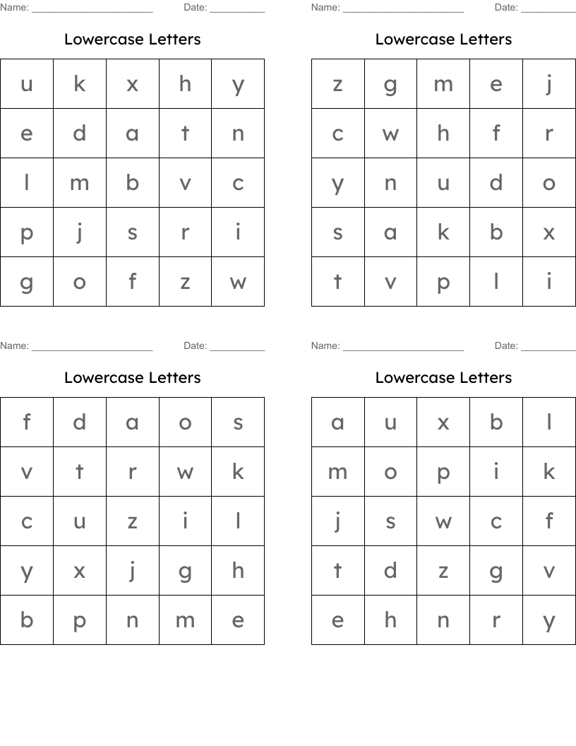 Lowercase Letters Bingo Cards