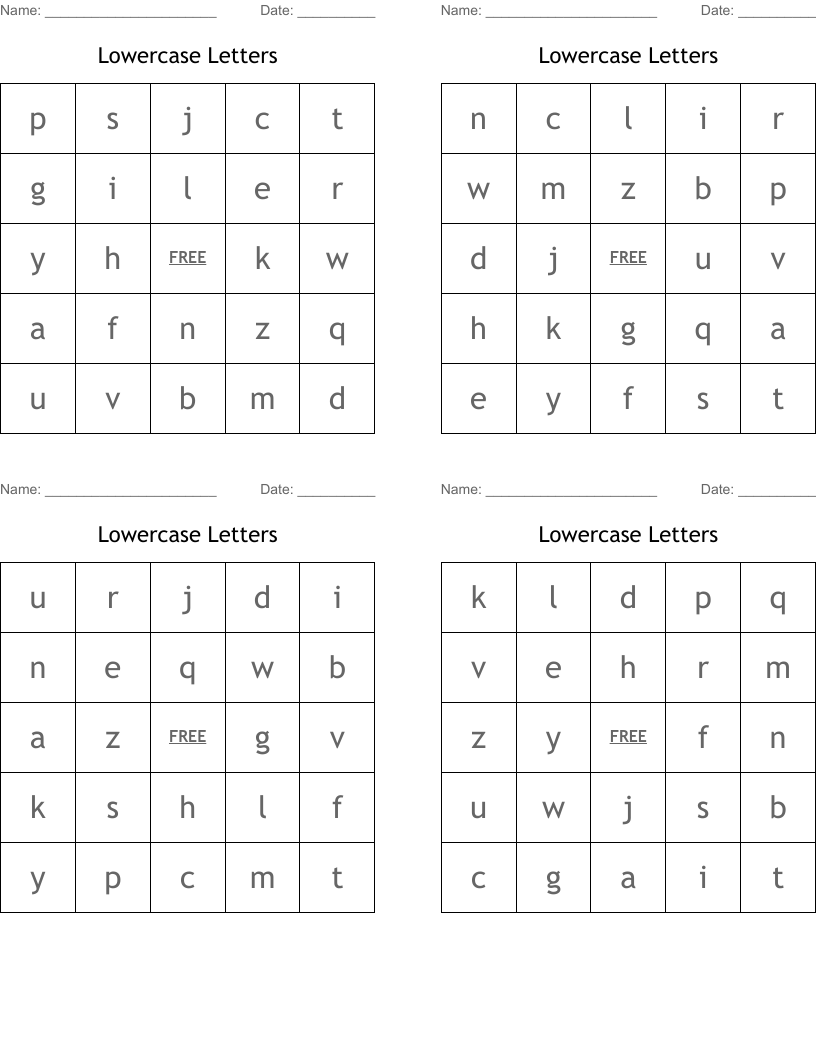 Lowercase Letters Bingo Cards