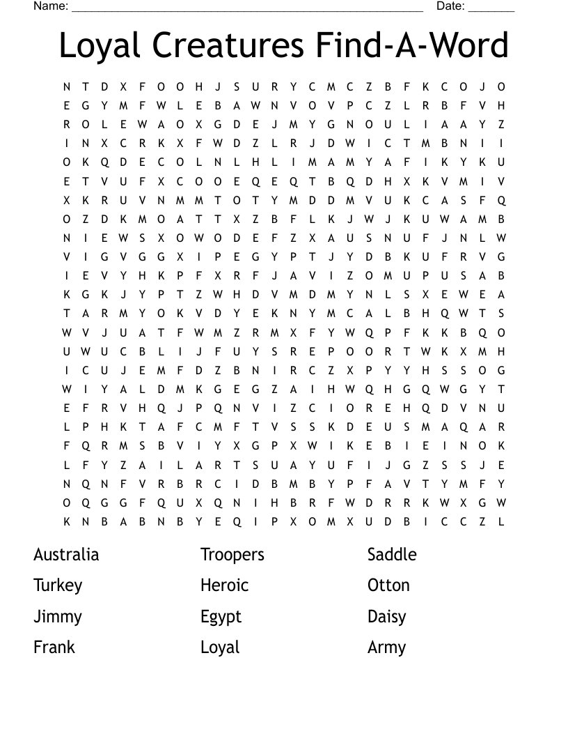 Loyal Creatures Find-A-Word Word Search