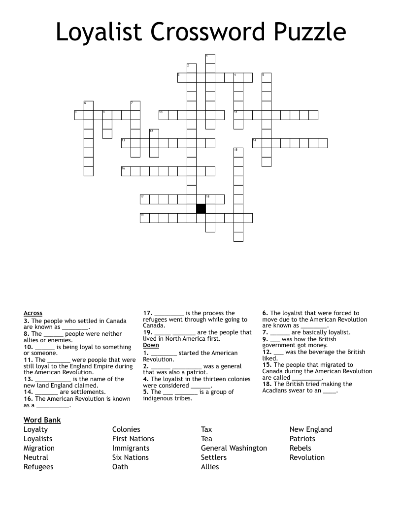 Loyalist Crossword Puzzle