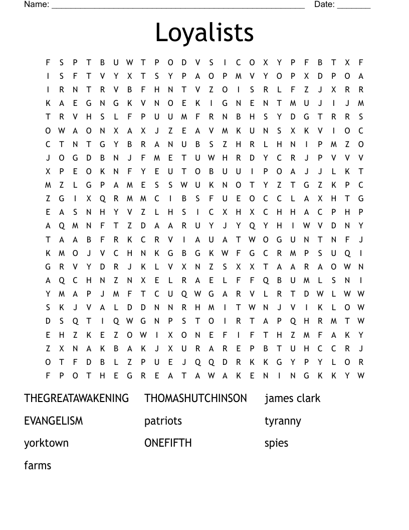 Loyalists  Word Search