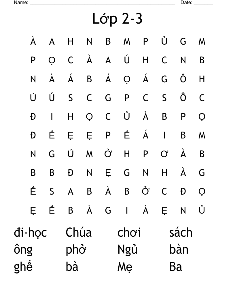 Lớp 2-3 Word Search
