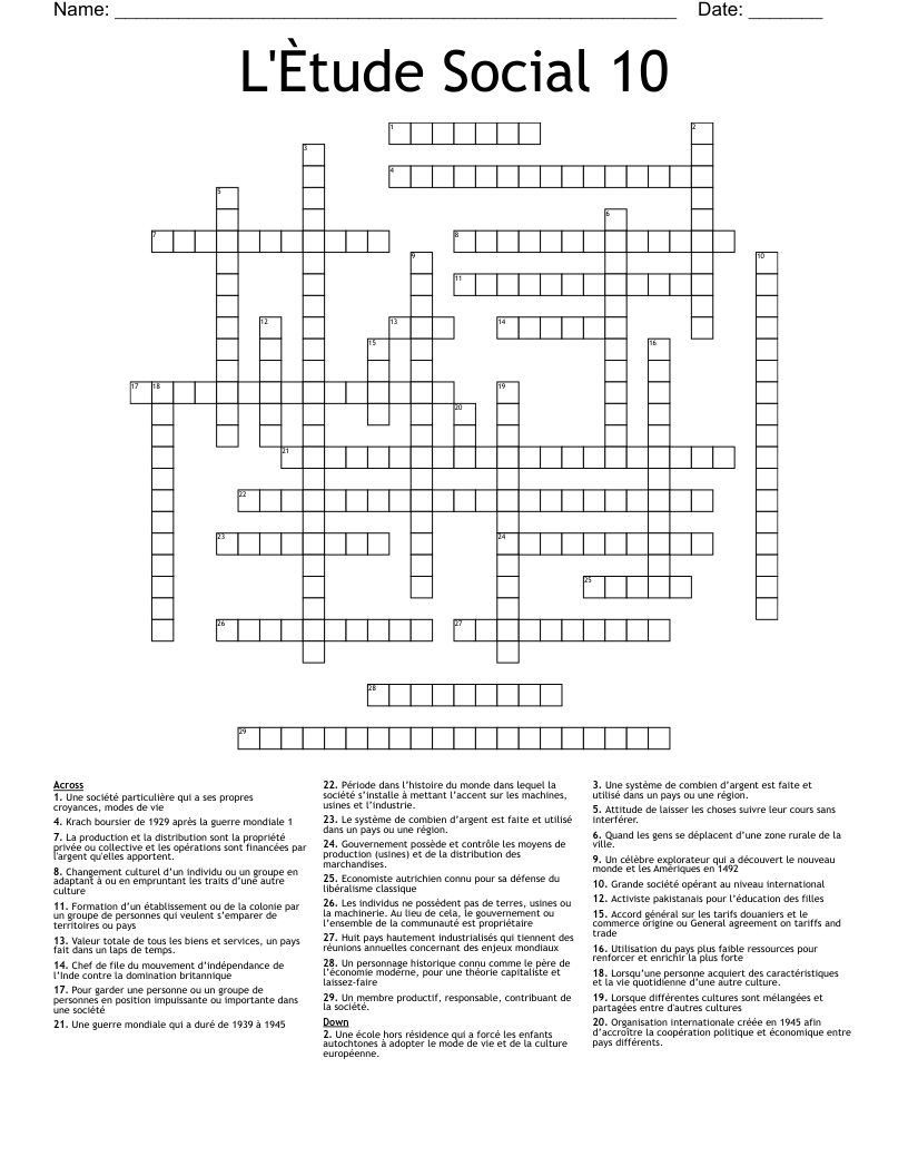 L'Ètude Social 10 Crossword