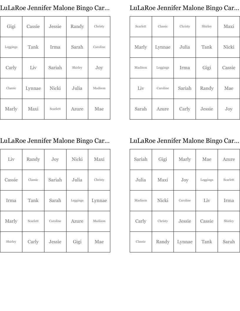 LuLaRoe Jennifer Malone Bingo Card (May)
