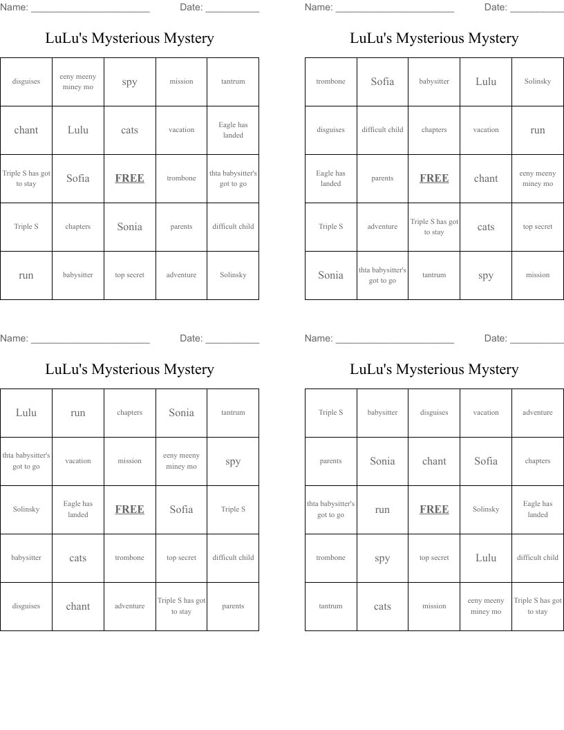 LuLu's Mysterious Mystery Bingo Cards