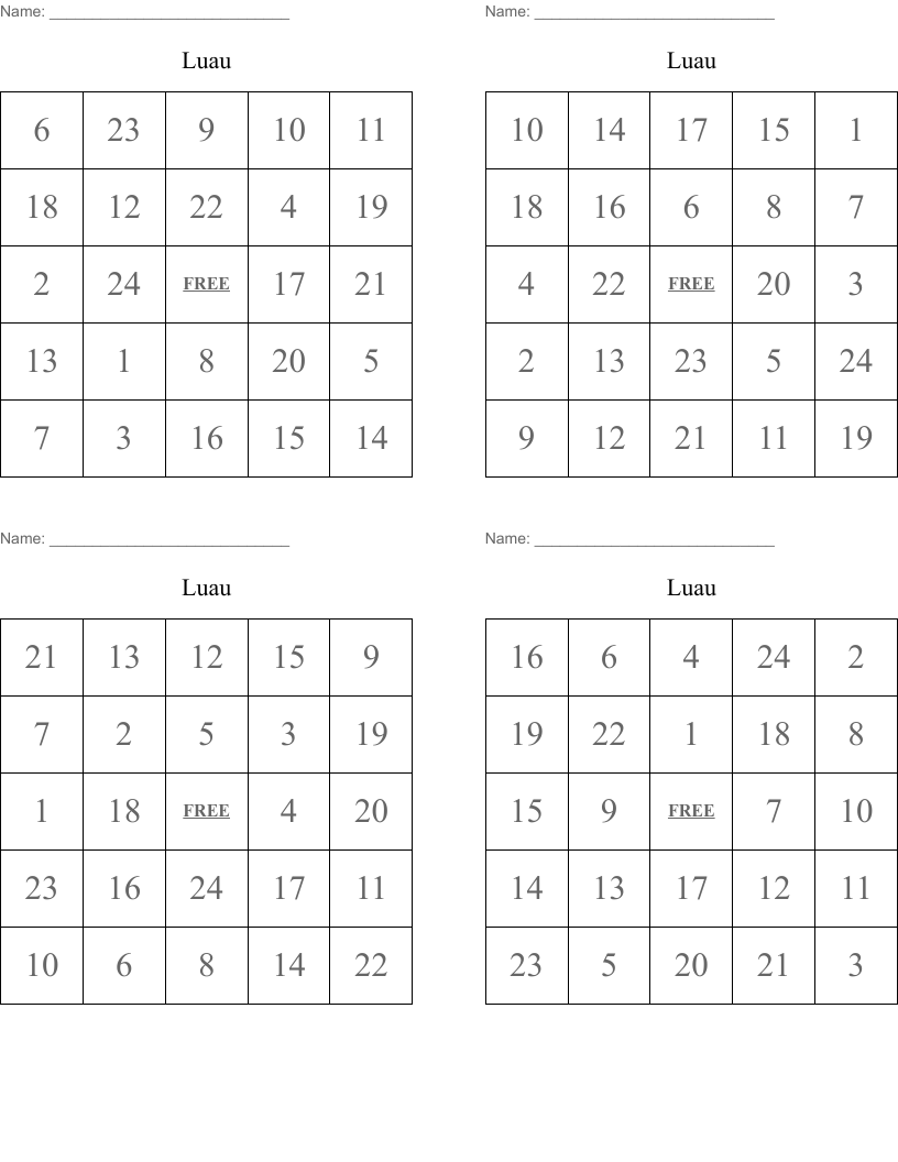 Luau Bingo Cards