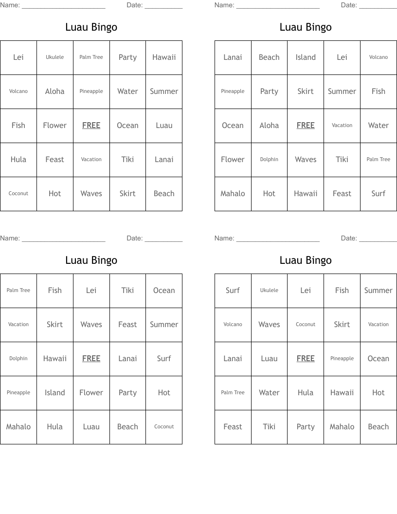Luau Bingo