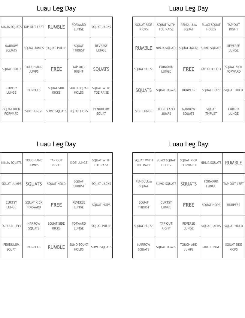 Luau Leg Day  Bingo Cards