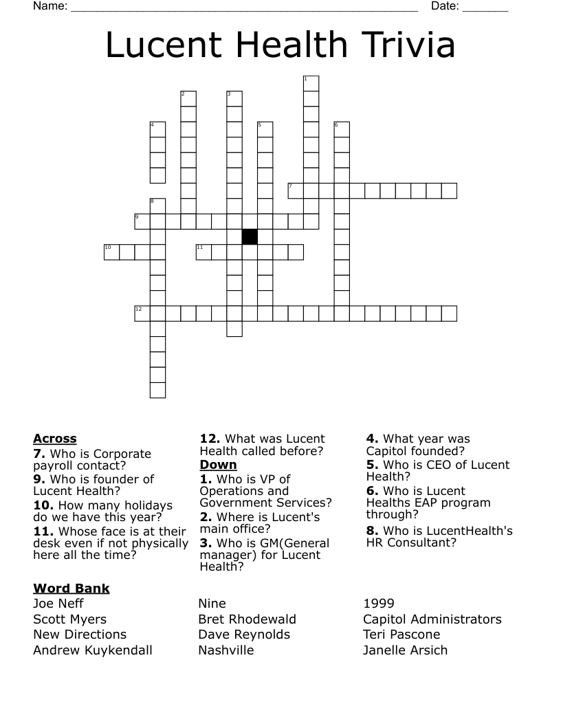 Lucent Health Trivia Crossword