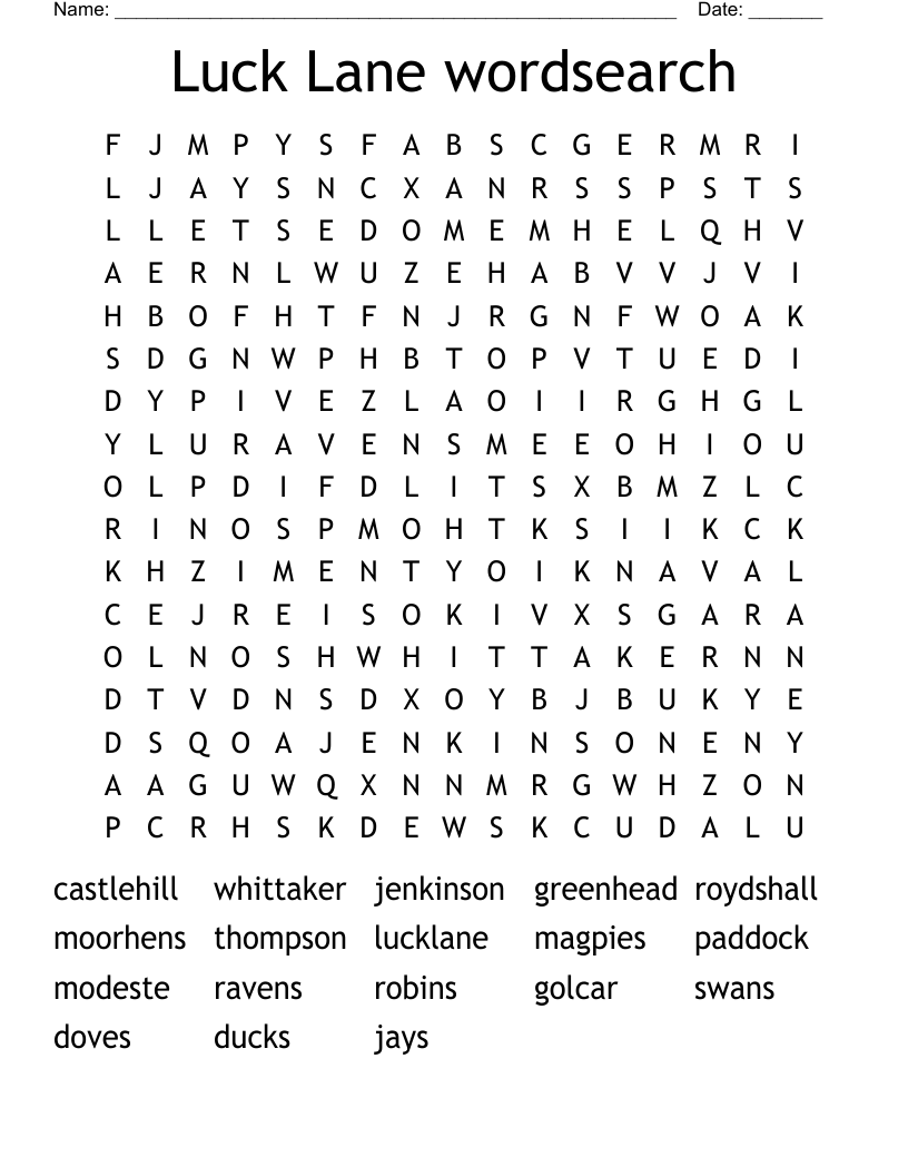 Luck Lane wordsearch