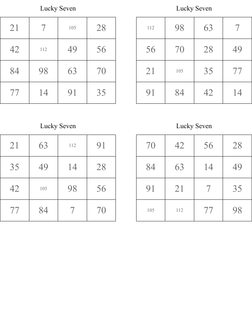 Lucky Seven Bingo Cards
