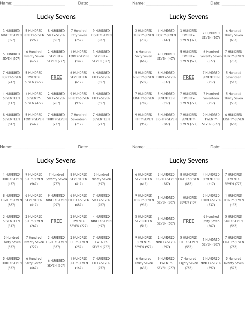 Lucky Sevens Bingo Cards