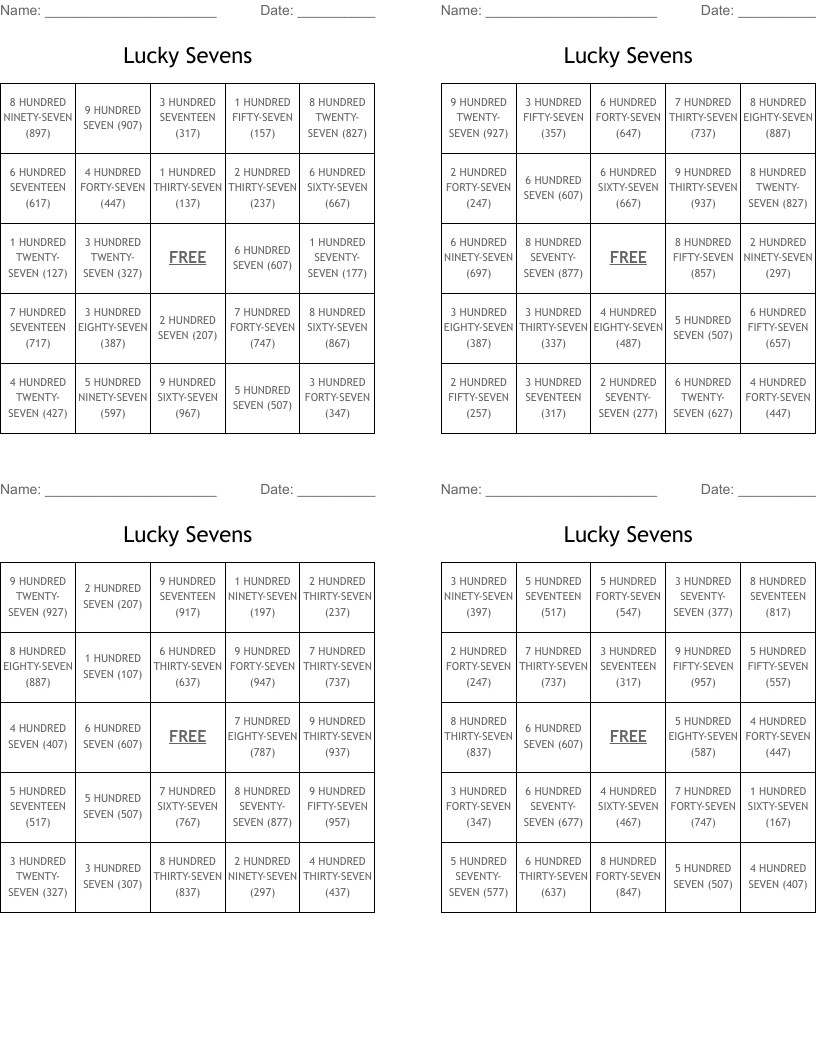 Lucky Sevens Bingo Cards