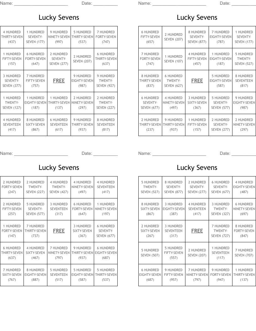 Lucky Sevens Bingo Cards
