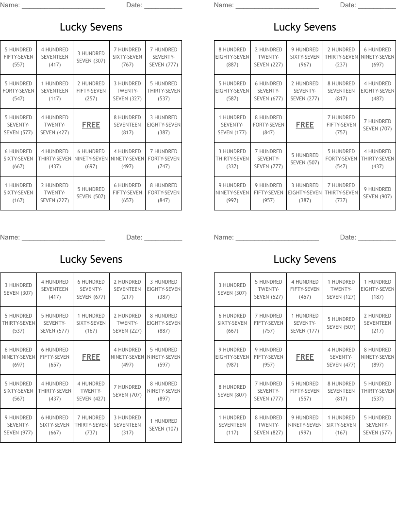 Lucky Sevens Bingo Cards