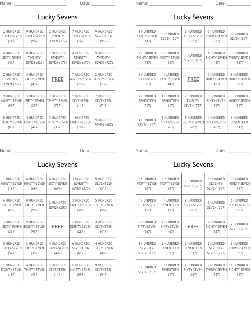 Lucky Sevens Bingo Cards