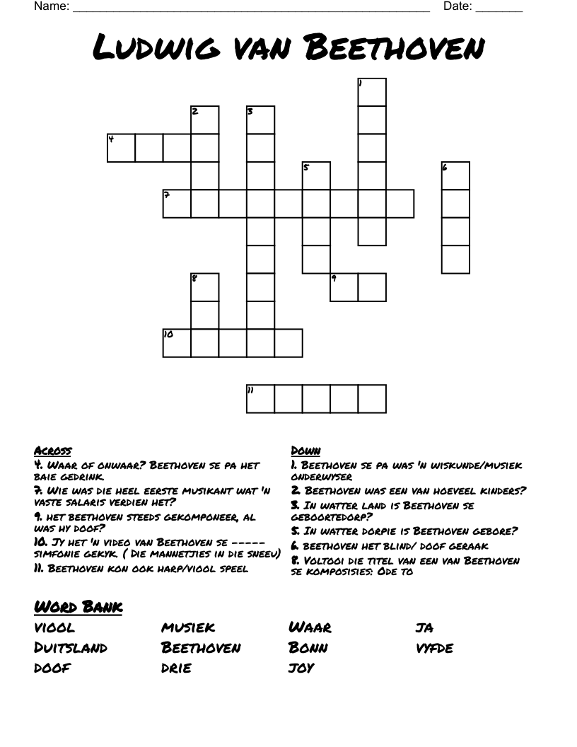 Ludwig van Beethoven Crossword
