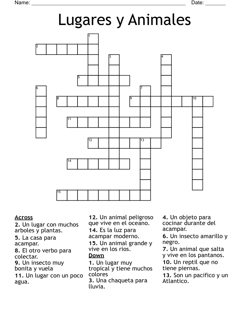 Lugares y Animales Crossword