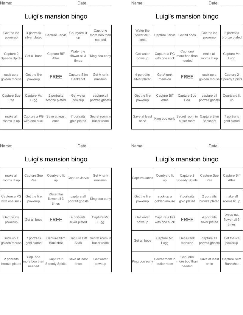 Luigi's mansion bingo