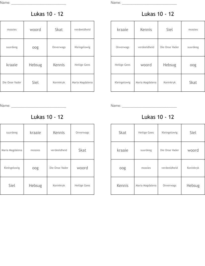 Lukas 10 - 12 Bingo Cards