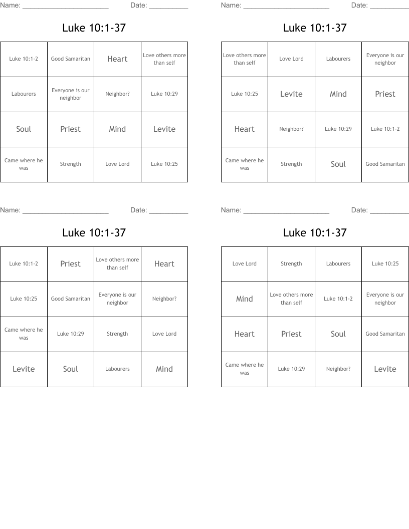 Luke 10:1-37 Bingo Cards