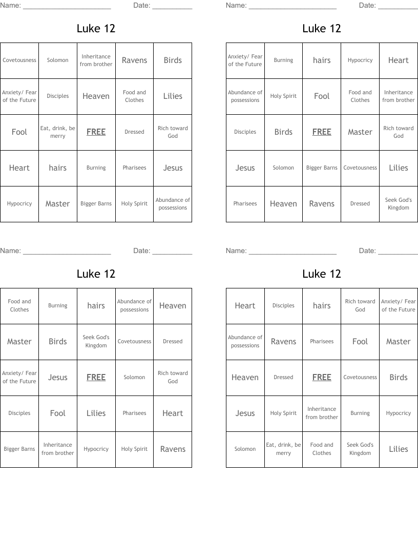 Luke 12 Bingo Cards