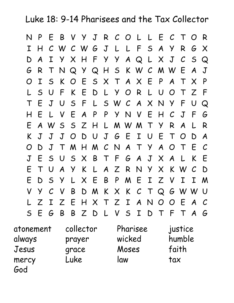 Luke 18: 9-14  Pharisees and the Tax Collector Word Search