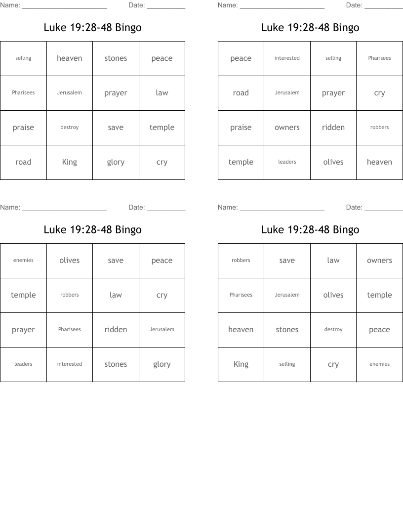 Luke 19:28-48 Bingo