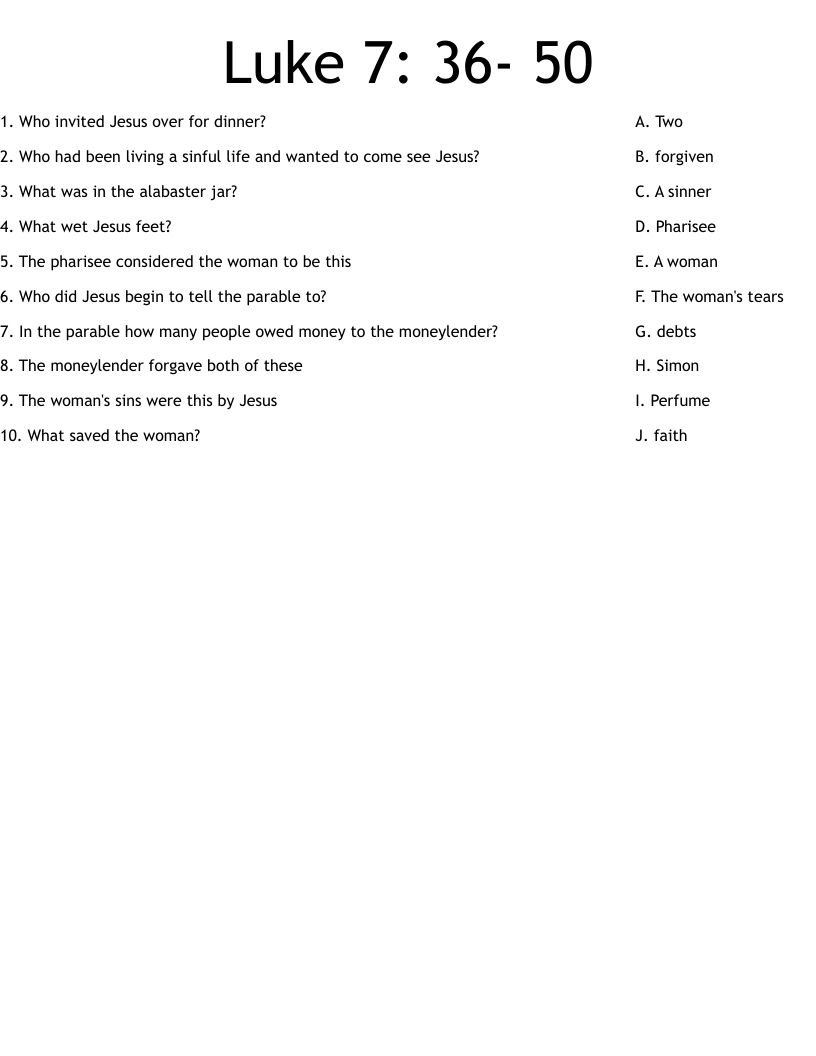 Luke 7: 36- 50 Worksheet