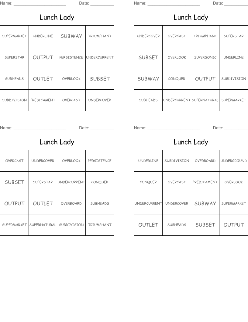 Lunch Lady Bingo Cards