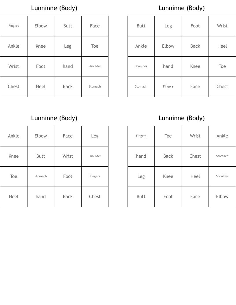 Lunninne (Body) Bingo Cards