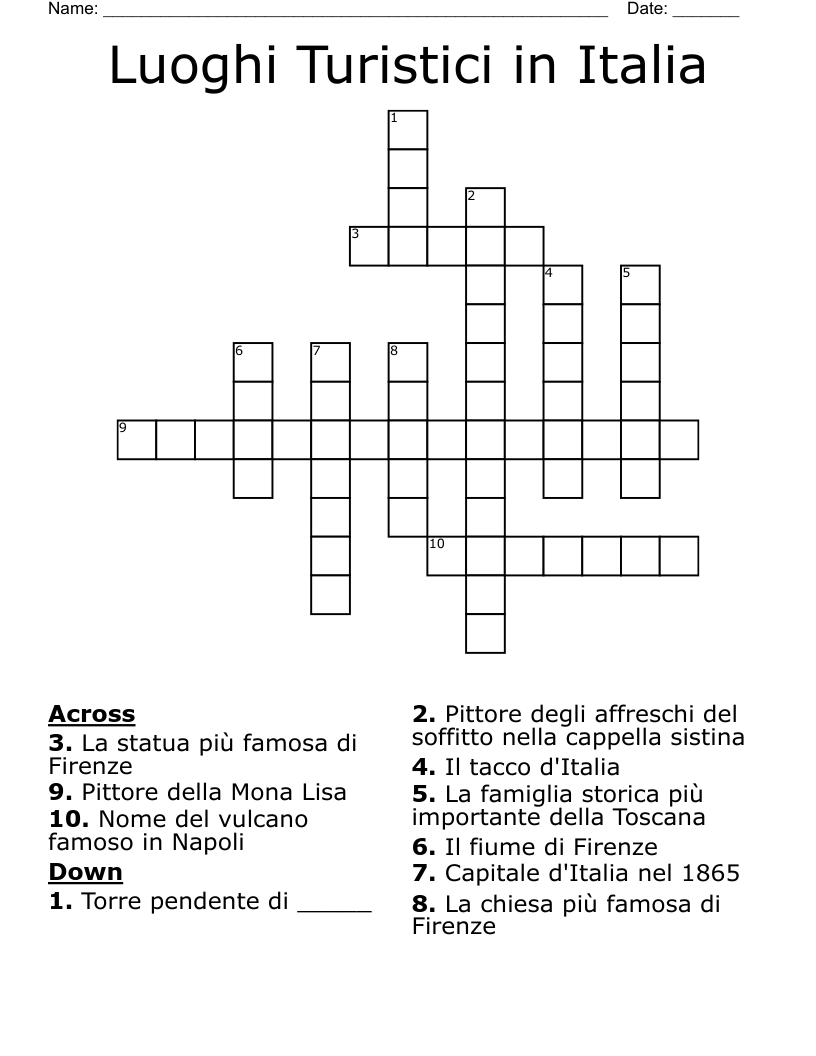 Luoghi Turistici in Italia Crossword