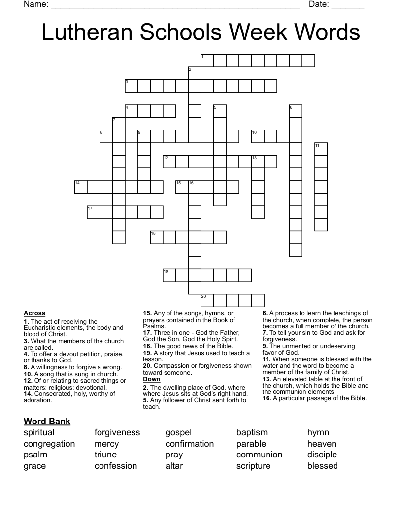 Lutheran Schools Week Words Crossword