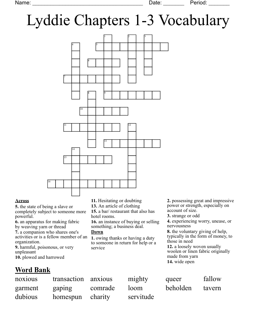 Lyddie Chapters 1-3 Vocabulary Crossword