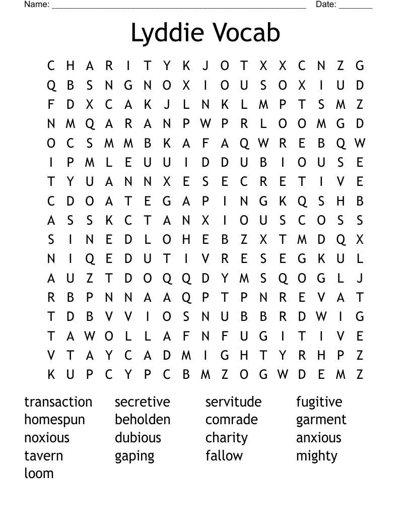 Lyddie Vocab Word Search