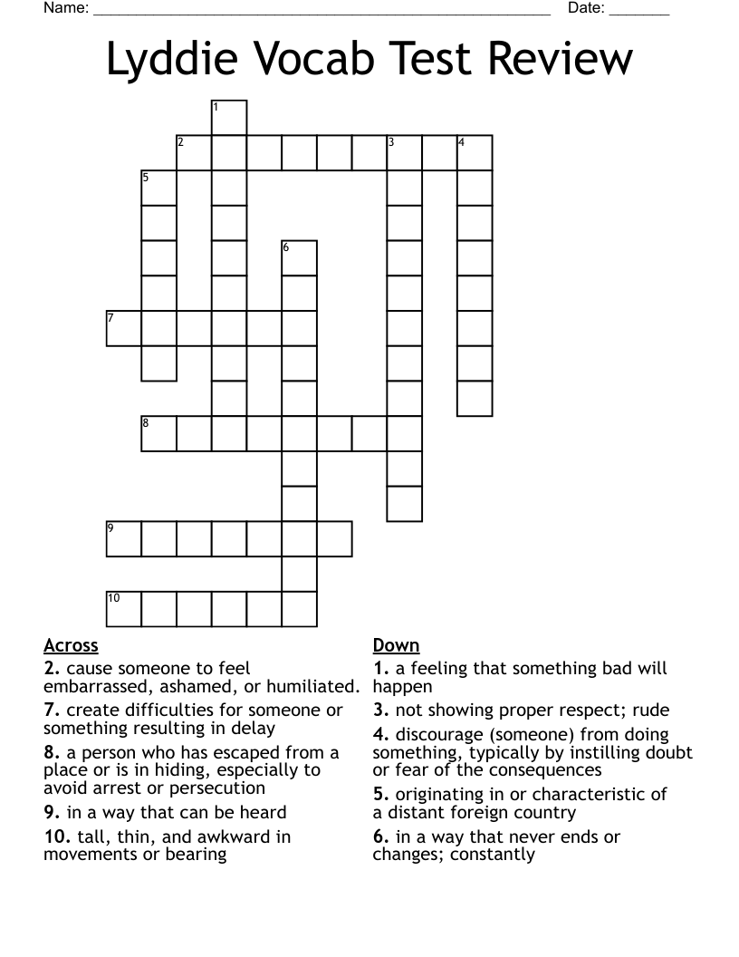 Lyddie Vocab Test Review Crossword