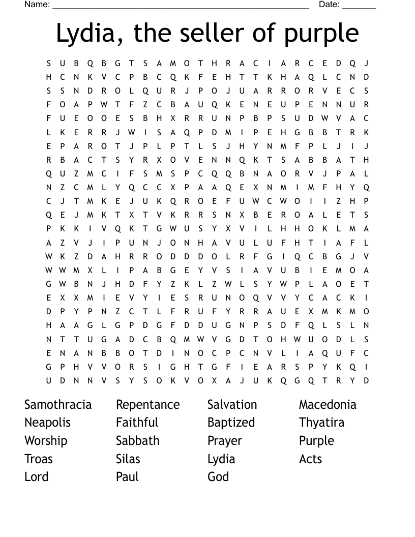 Lydia, the seller of purple Word Search