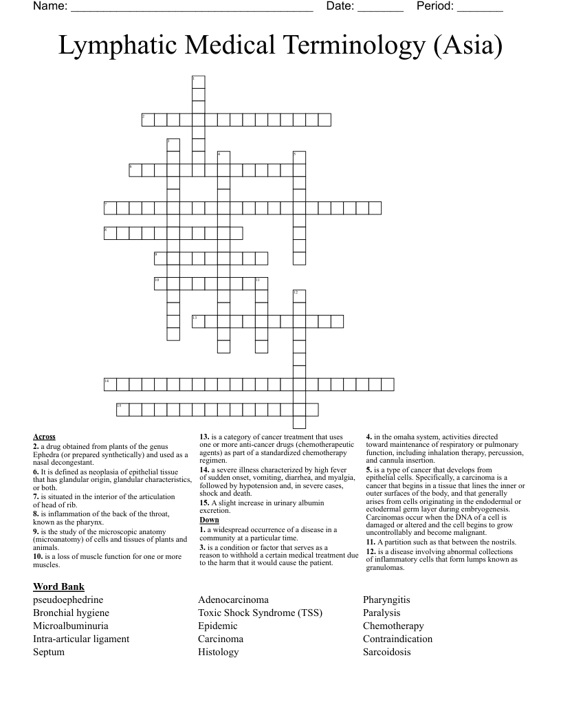Lymphatic Medical Terminology (Asia) Crossword